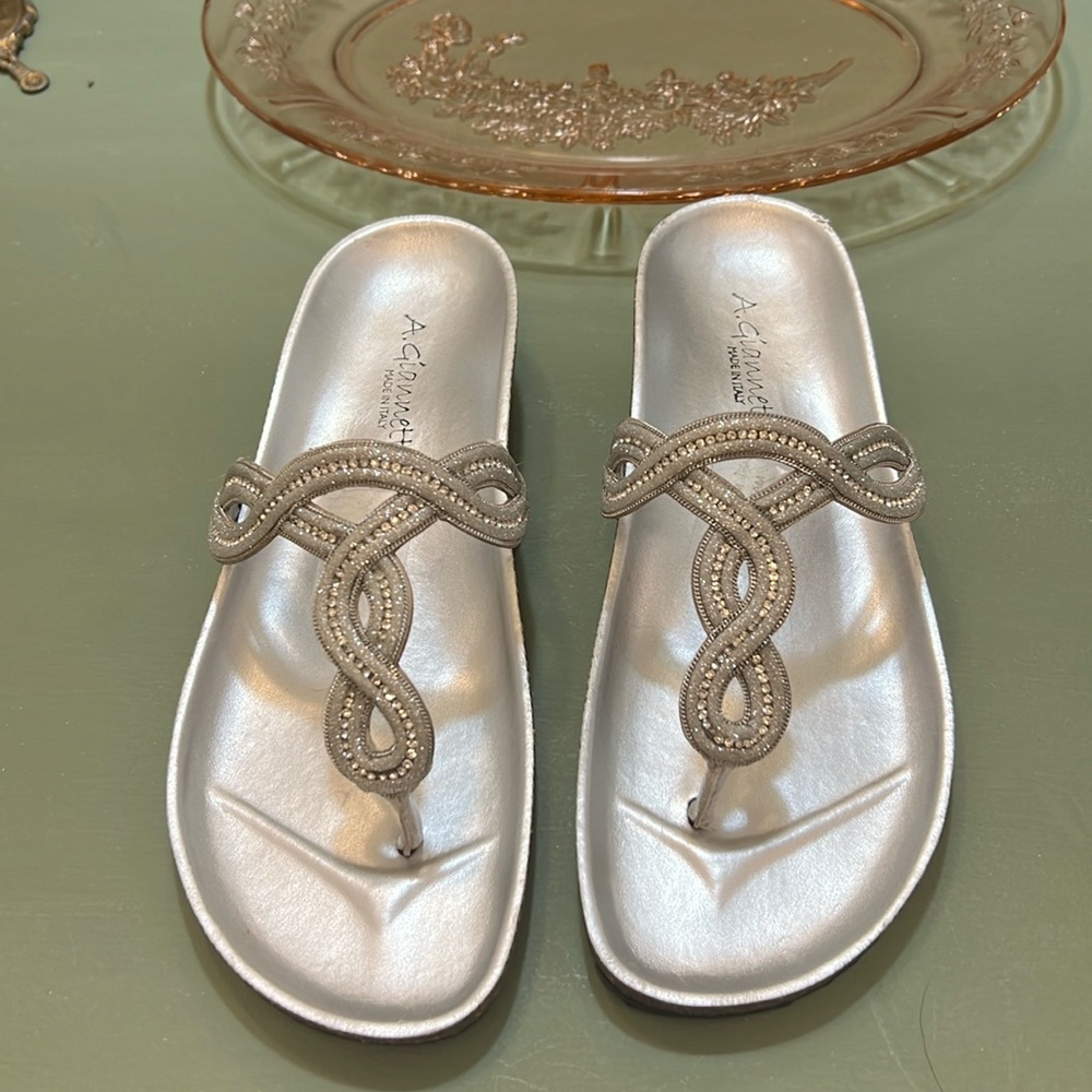Silver sandals with rhinestones; size 6